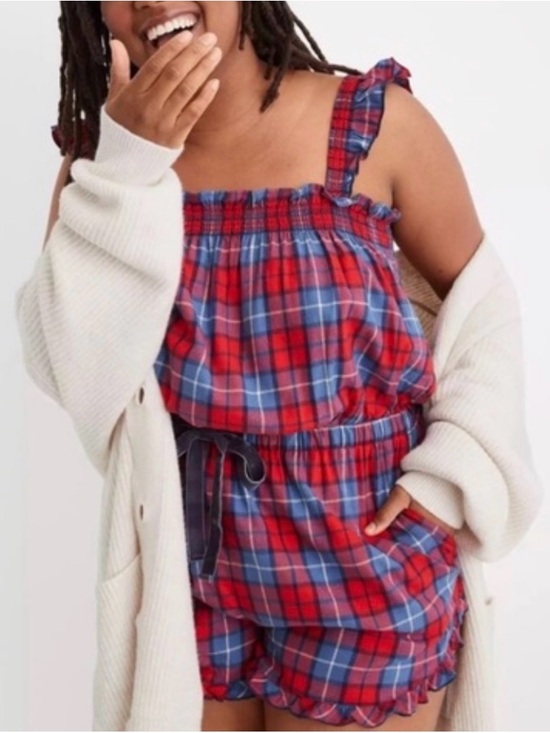 aerie Other - Aerie Flannel Plaid Romper In Chilly Red Blue pajama PJ Ruffled  Size M NWT